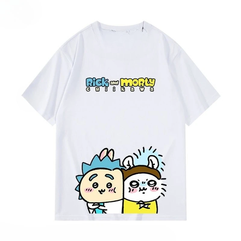 Chiikawa Hachiware Usagi × Rick And Morty Cartoon-Grafik-T-Shirt, Unisex, locker geschnitten, lässig, Sommer, Kurzarm, Streetwear, Alltags-Top