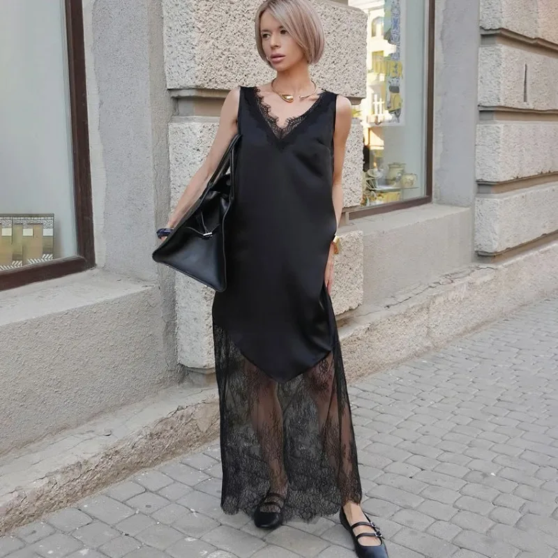 Talenza noir Satin dentelle robe élégante nouvelle dentelle Patchwork transparent robe sans bretelles mode décontracté fête Sexy femmes robes