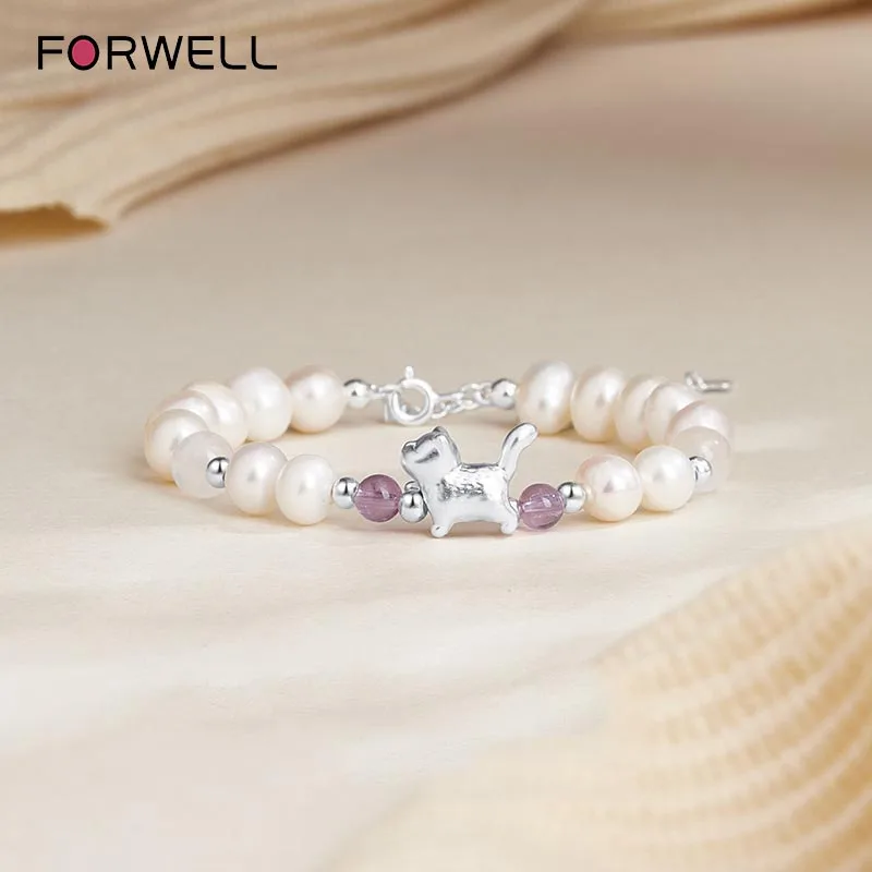 FORWELL Women's S925 Sterling Silver Bracelet Natural Freshwater Pearl Amethyst Beads Jewelry Accessory