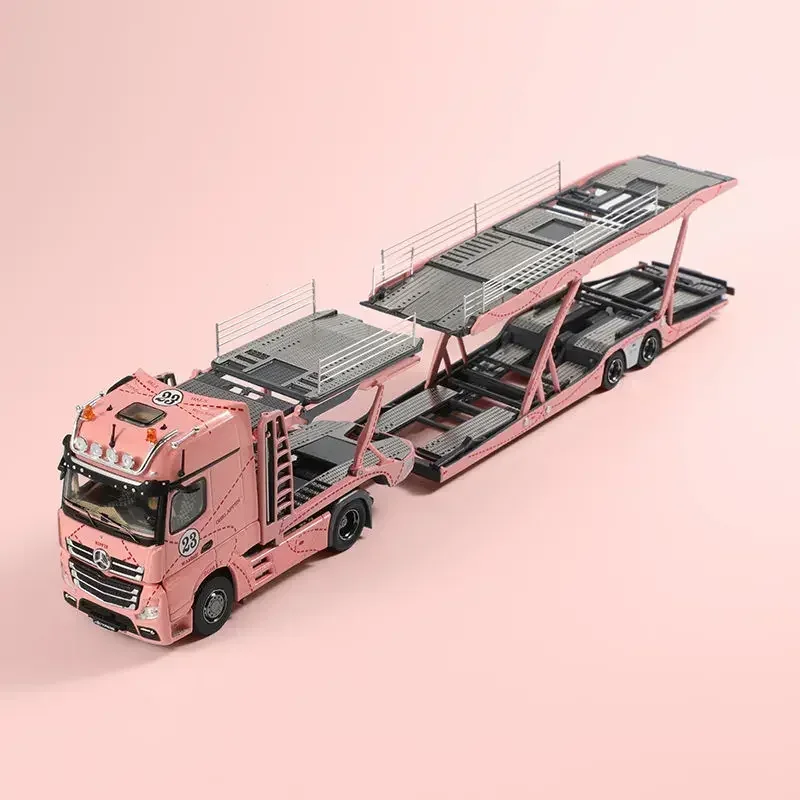 SHADOW PRO 1:64 Mercedes-Benz Rimorchio per camion pesanti Staffa a doppio strato Semi-rimorchio Modello di auto in lega verniciata di maiale rosa