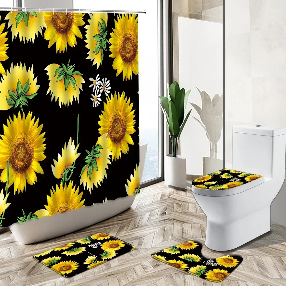 Sunflower Butterfly Printing Shower Curtain Waterproof Black Bathroom Curtains Summer Plant Flower Toilet Cover Mat Carpet Set