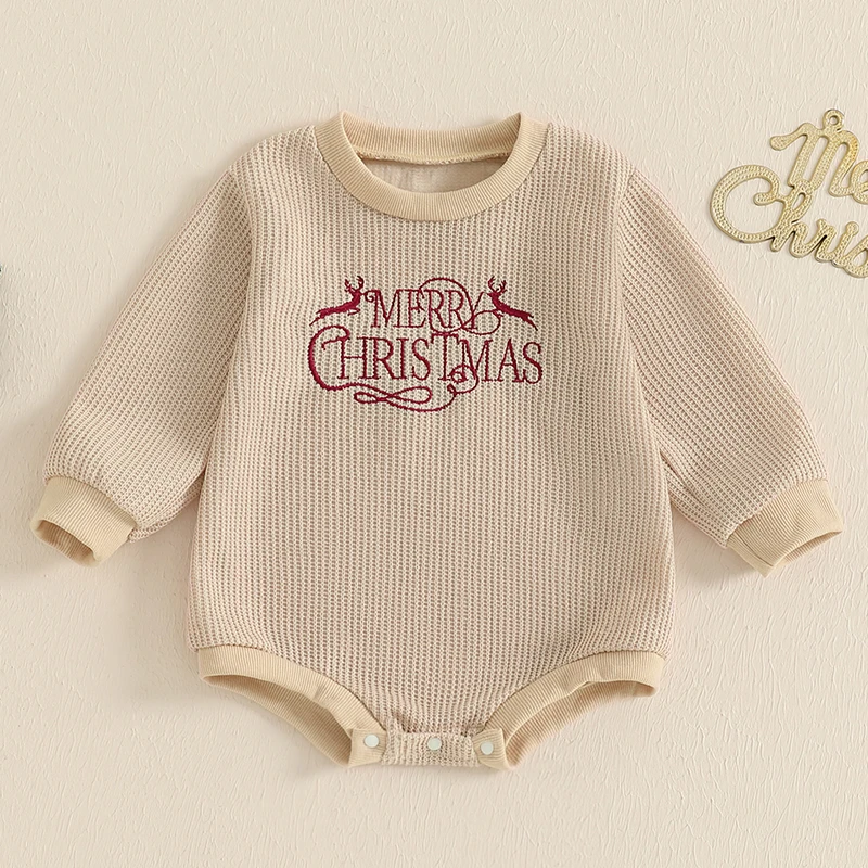 Baju monyet bayi, Sweater natal kasual harian, Bodysuit huruf bordir leher Crew lengan panjang