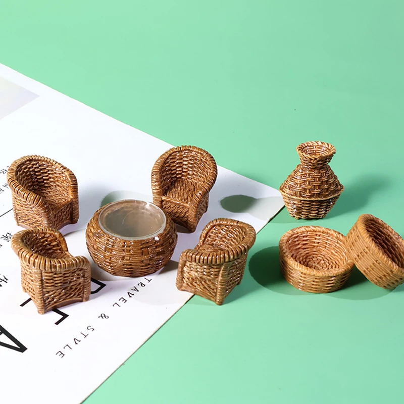 1Set Dollhouse Mini Furniture Model Simulation Fish Basket Basket Chair Table Shooting Scene Props Miniatures