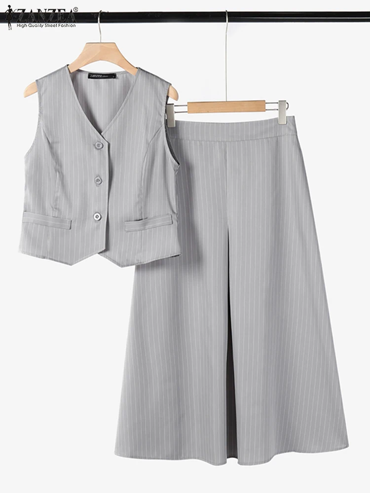 

ZANZEA Vintage Summer Tank High Waist Skirt Suit Women Office Lady Dress Set 2025 Fashion Striped Printed Pleating Pocket Outfit