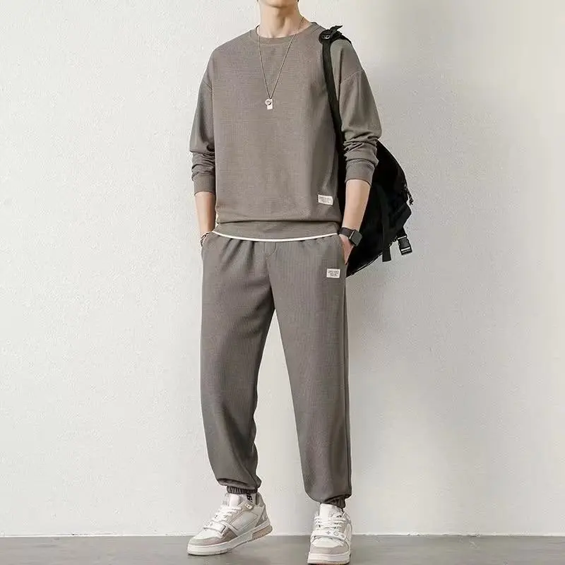2024 New Men's Waffle Set Casual Long sleeved Sweatshirt and Long Pants Men's T-shirt Casual Loosepullover Pullover Tracksuit
