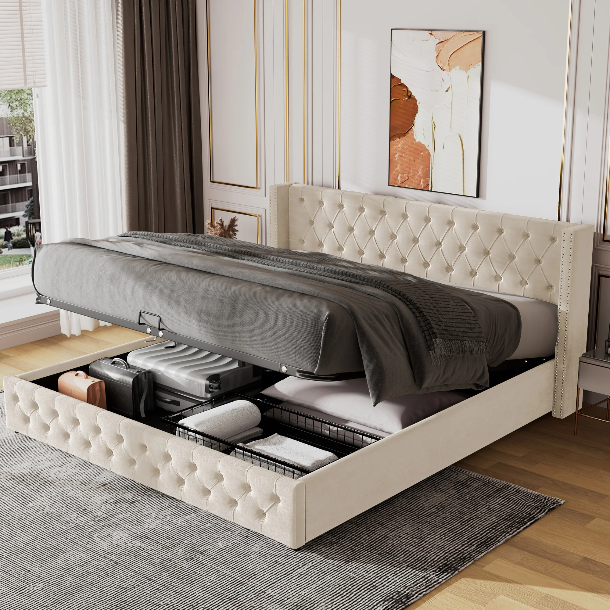 Lit double avec coffre de rangement hydraulique et sommier à lattes, 160x200 cm, velours, beige, sans matelas