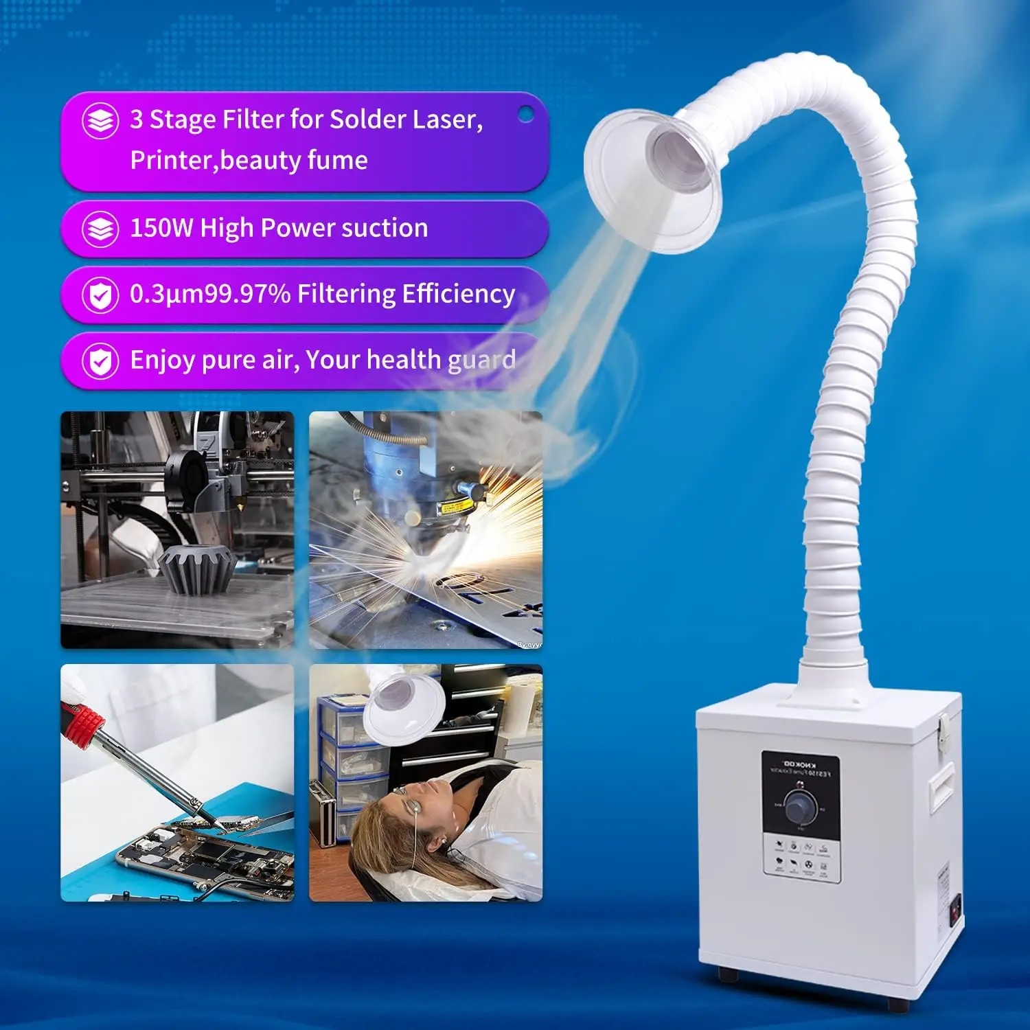 KNOKOO 100W Solder Fume Extractor – 200m³/h Suction, 3-Stage HEPA/Carbon Filter, 360° Adjustable Arm – For Laser Engraver, Soldering, 3D Printing