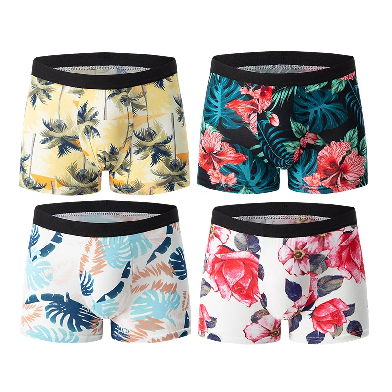 4-delig heren modieus en charmant bloemenondergoed, comfortabel en ademend kruisboxers, tieners plus size ondergoed.