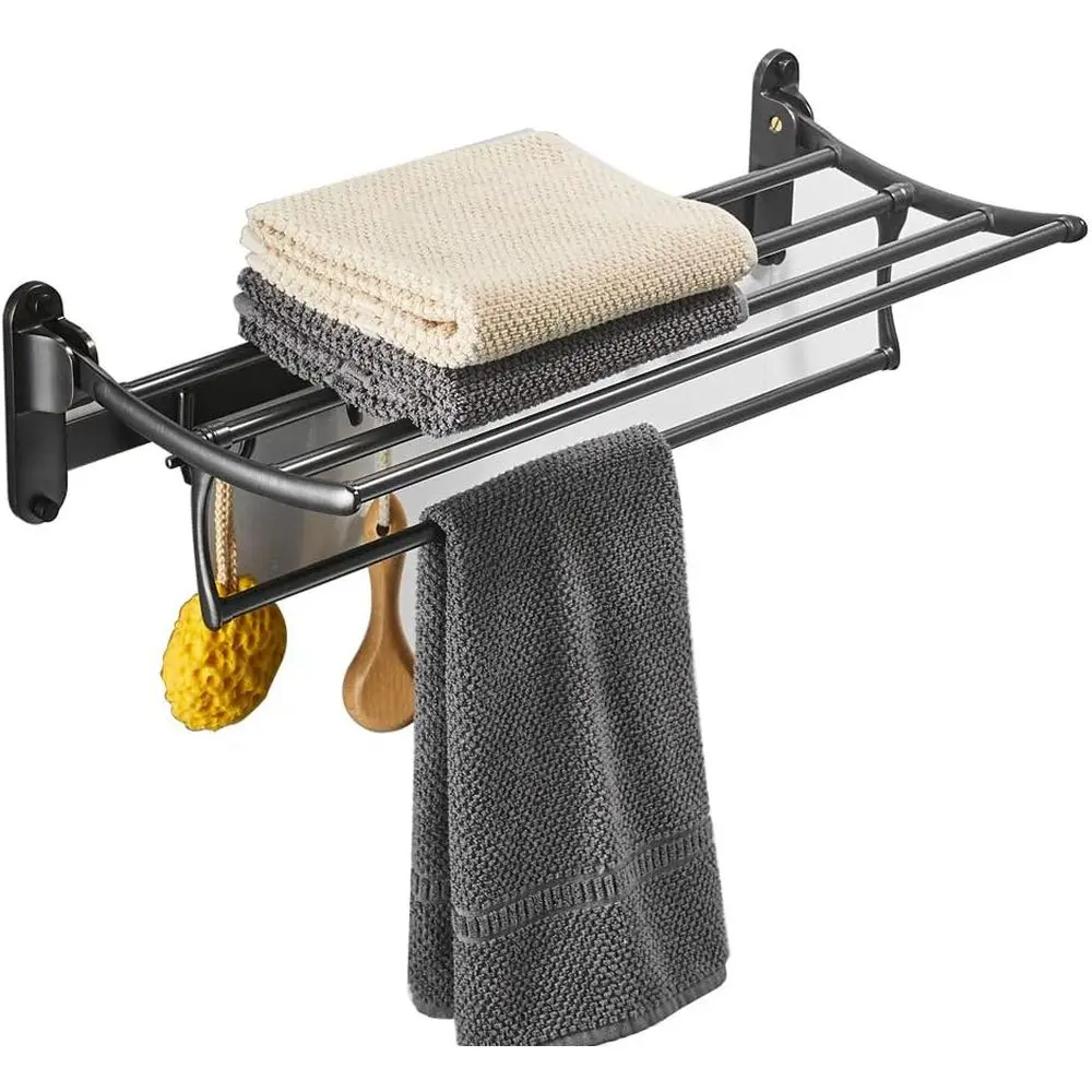 

24 Inch Oil Rubbed Bronze Towel Rack with Dual Bar and Hooks, Wall-Mounted Multifunctional Bathroom Accessory