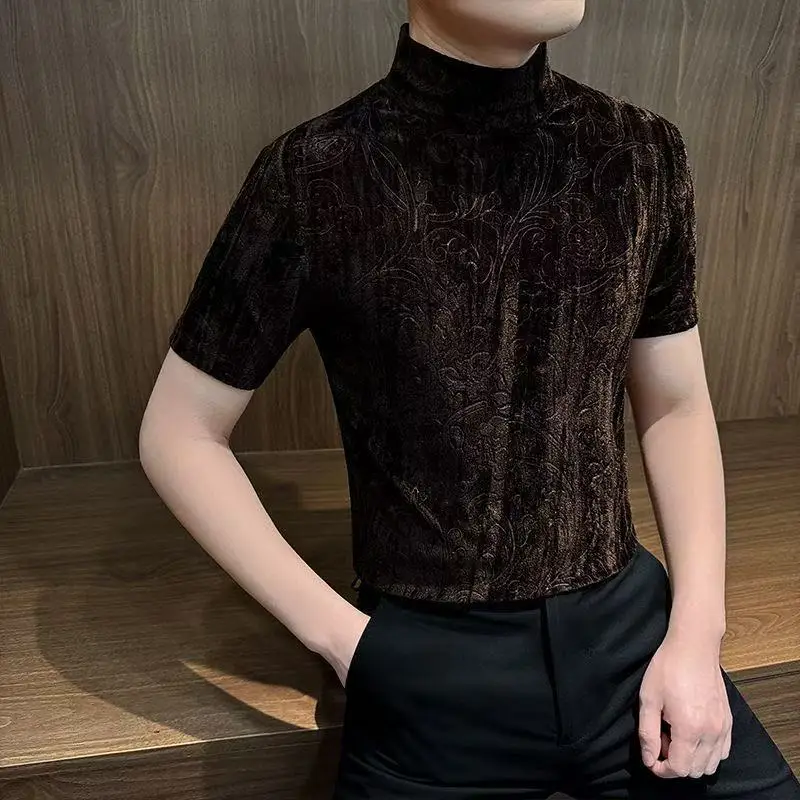 

2026 Summer Velvet Jacquard Semi High Neck Short Sleeved T-shirt for Men Casual Business Tshirts Streetwear Men Clothing