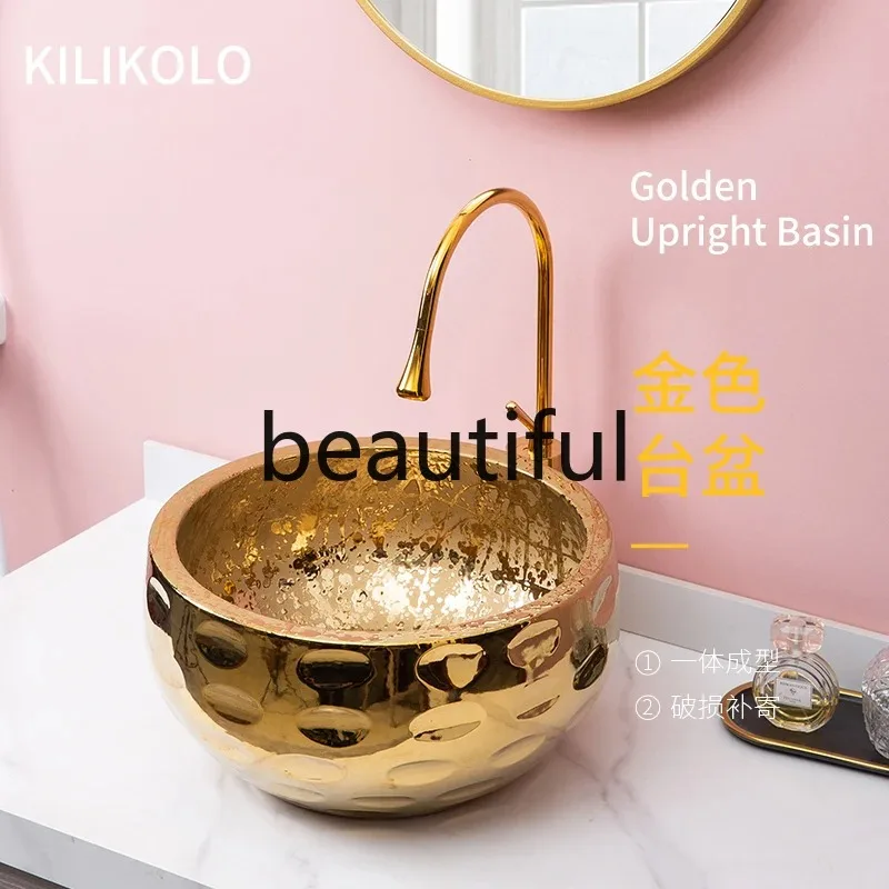 B73 Light luxury style table basin deepens anti-splash water golden art basin, gold-plated wash basin ceramic washbasin