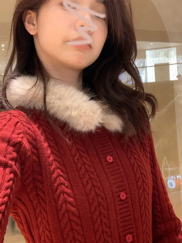 Red Fur Collar Spliced Long Sve Knitted Sweater Women's Slim Fit Cisas Top New Year's New Outfit Korean Sle Commute