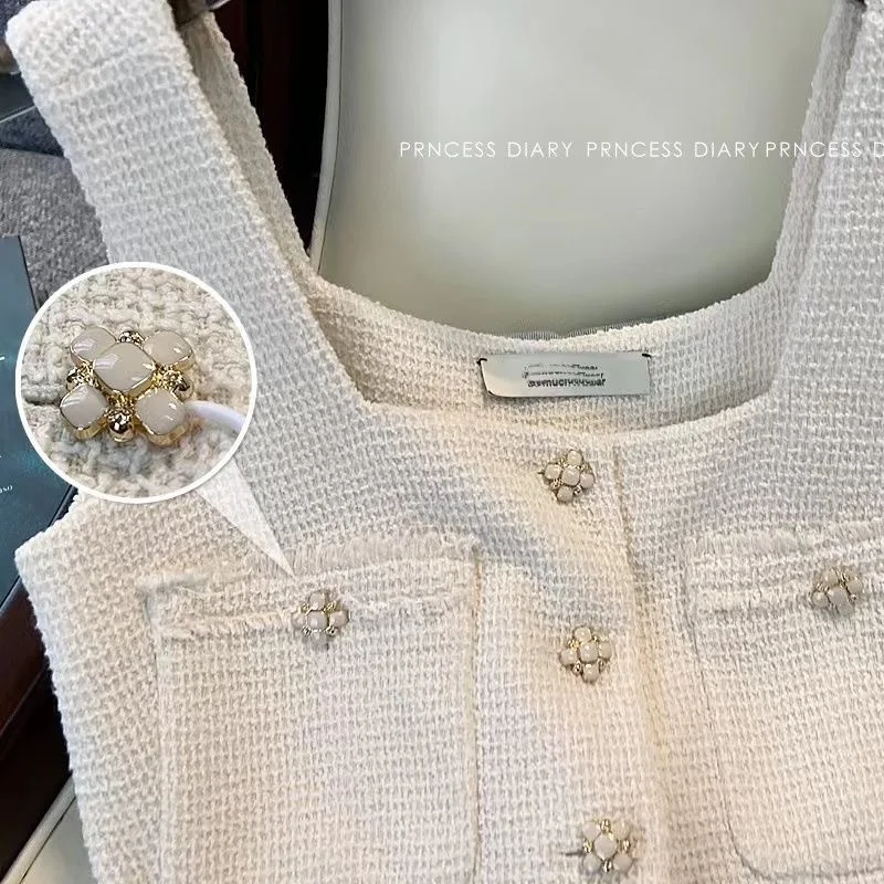 BESTBAFU الفاخرة تويد مجموعة مكتب ارتداء النساء أنيقة زر تانك القمم + الدانتيل متابعة السراويل المشاهير حزب الزي 2 قطعة دعوى 086P #5