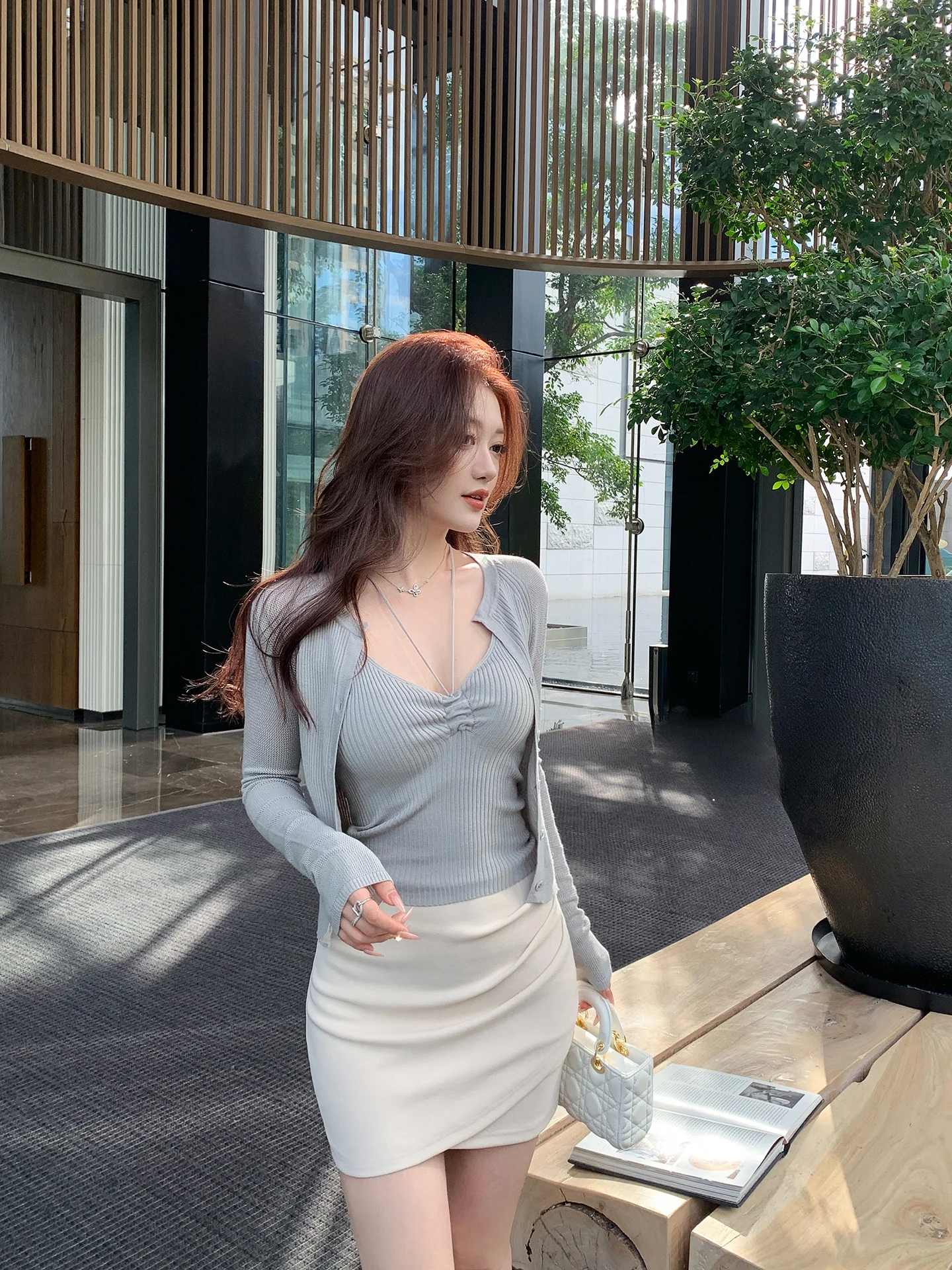 

Lin Guan Gray Knitted Neckline Open Cardigan with Sling Vest Set Women's Spring Two-Piece Set Top V-Neck Long Sleeve Soft