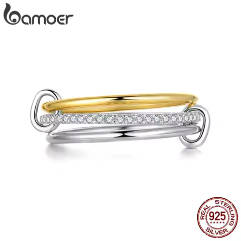 BAMOER Two-tones Moissanite Ring Three-layer Interlocked Ring 925 Sterling Silver D Color VVS1 Women Stackable Rings Set Gift