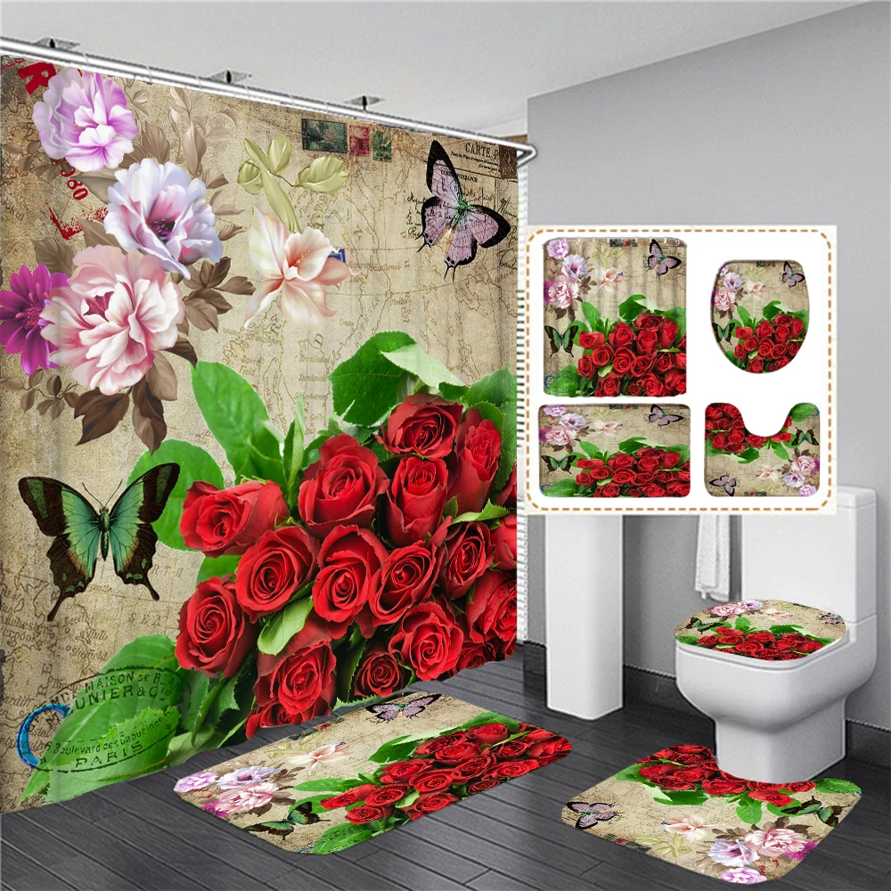 

Retro Nordic style Rose Flowers Waterproof Shower Curtain Set with Hooks Toilet Covers Bath Mat for Bathroom Non-slip Rug Carpet