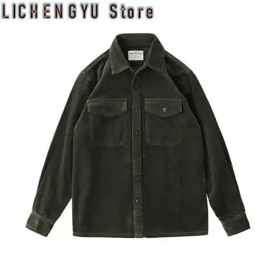Autumn and Winter New American Retro Thick Corduroy Solid Color Cargo Shirt Men's Pure Cotton Long-sleeved Pocket Casual Blouses