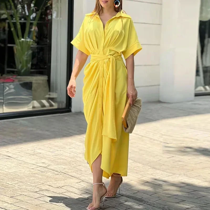 Leosoxs mujeres elegante de un solo pecho fajas de cintura alta fruncido Camisa Irregular Maxi Vestido 2024 verano Chic Vestido largo vestidos