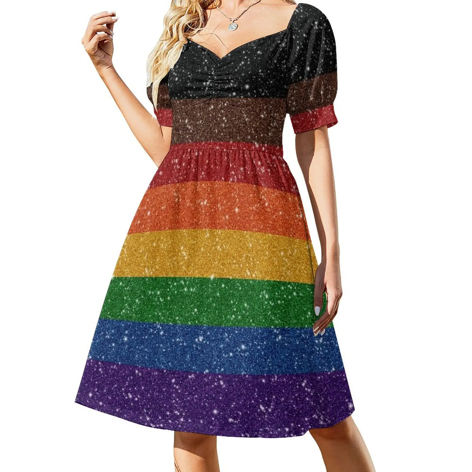 

Faux Glitter Inclusive Rainbow Pride Flag Background Short Sleeved Dress Dresses gala Dress