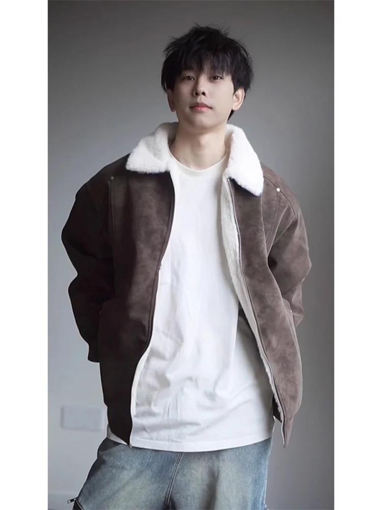 

Thiened Winter Cotton Jaet Men's Vintage Dyed Lamb Velvet Collar Coat Warmth PU Leather Cotton Clothes Stand Fit Casual