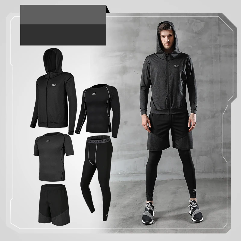 PINGNIAO Gym Breathable Men\'s Fitness 5 Piece Set Classic Black Training Leggings Running Compression Suit Jogging Sleeves