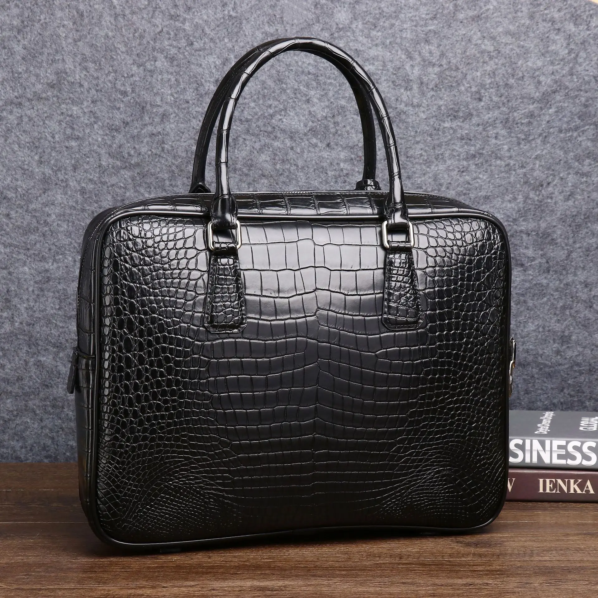 New Crocodile Belly Pattern Handbag Large Capacity Briefcase File Business Men's Trendy Computer Bag Leather Briefcases Men Bags