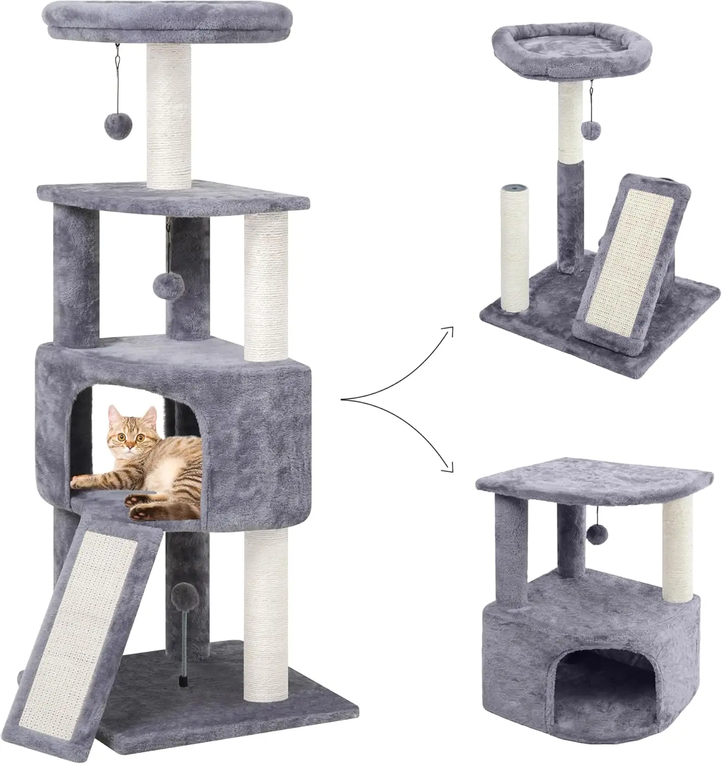 

45in Multi-Level Cat Tree Tower with Scratching Post, Board, and Toys for Small Spaces, Grey