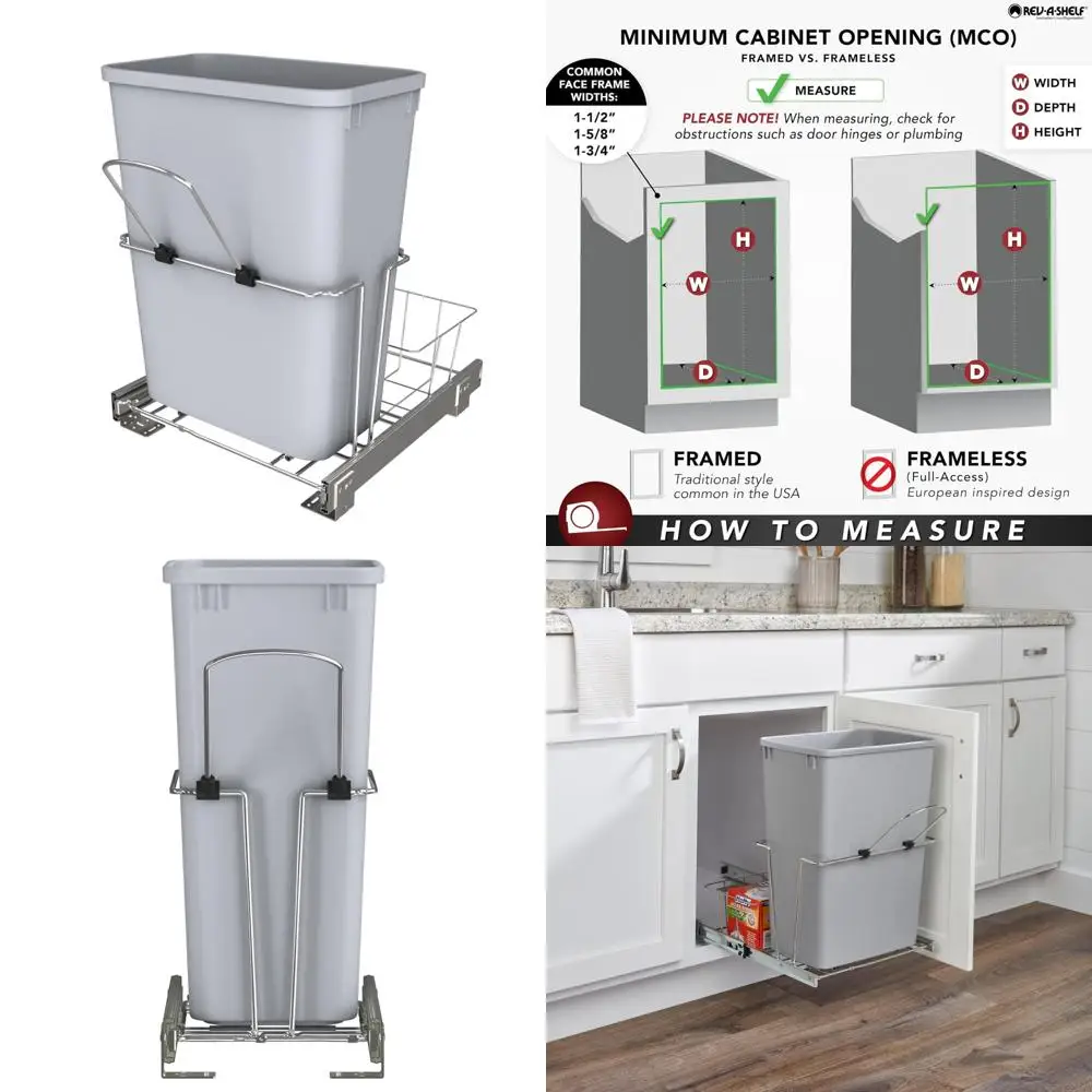 

Universal Metal Wire Pullout Trash Can with Rear Basket for Kitchen Cabinet Waste Disposal and Organization, 32 Quart Capacity