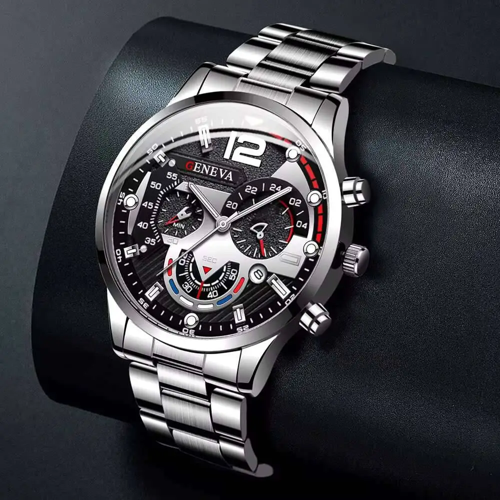 남성용 비즈니스 시계 패션 빅 다이얼 남성용 아날로그 쿼츠 시계 팔찌 세트, 상자 없음, 2 개