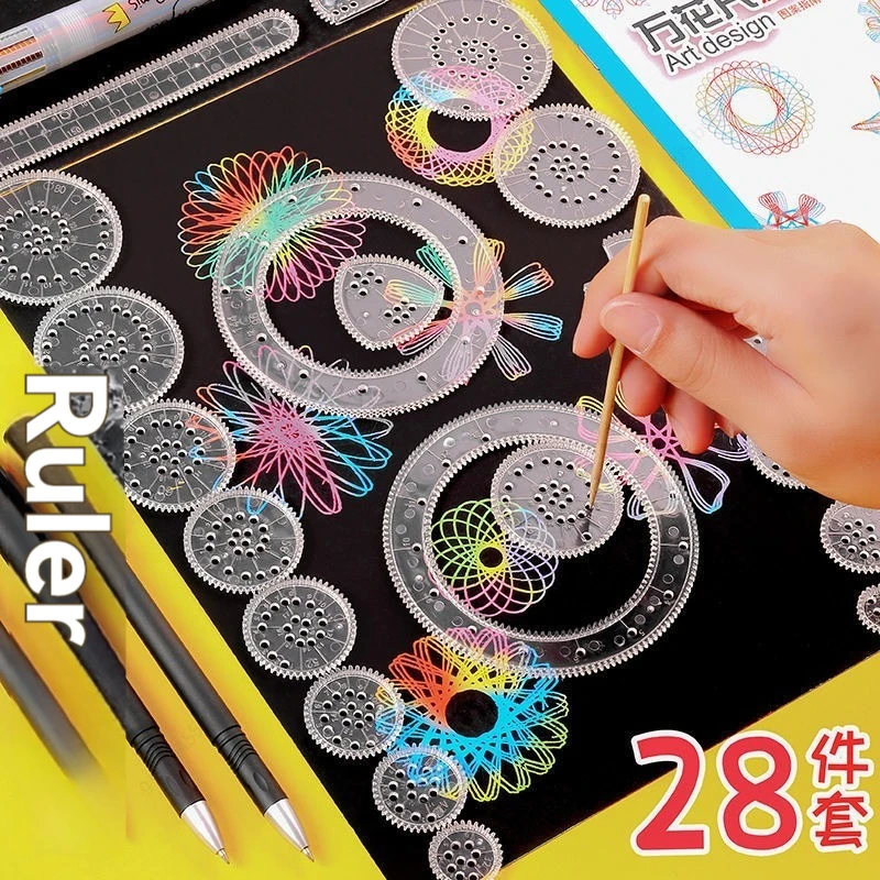 28Pcs/set Tin Draw Drawing Art Original Spirograph Design Set Craft Create Kids Multifunctional Ruler Drawing Tool Kit Template