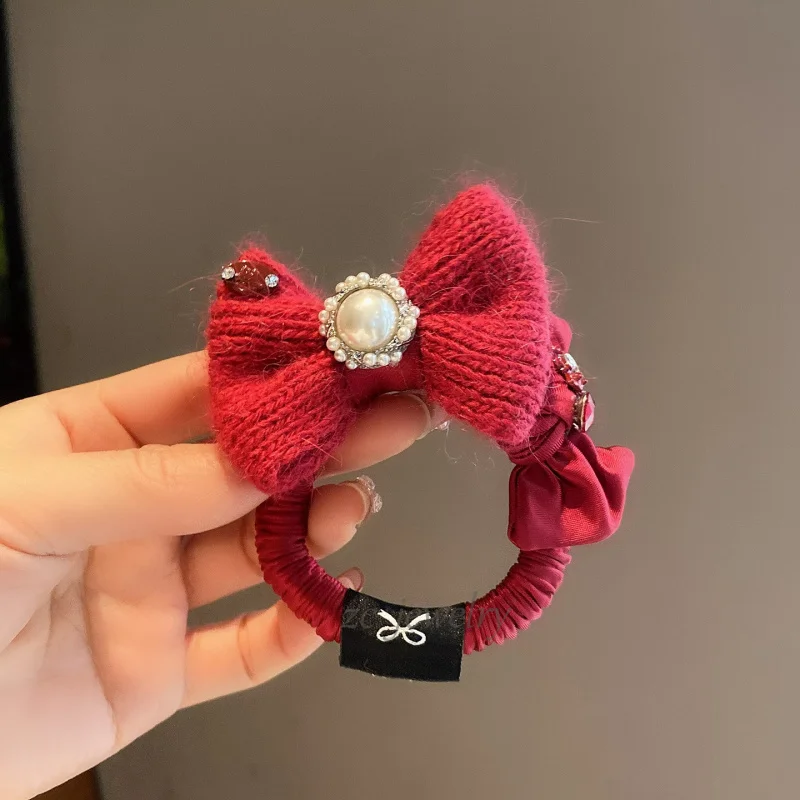

Elegant Festive Red Yarn Bow Pearl Shiny Rhinestone Hair Tie for Women Fashion Sweet High Elasticity Hair Accessory