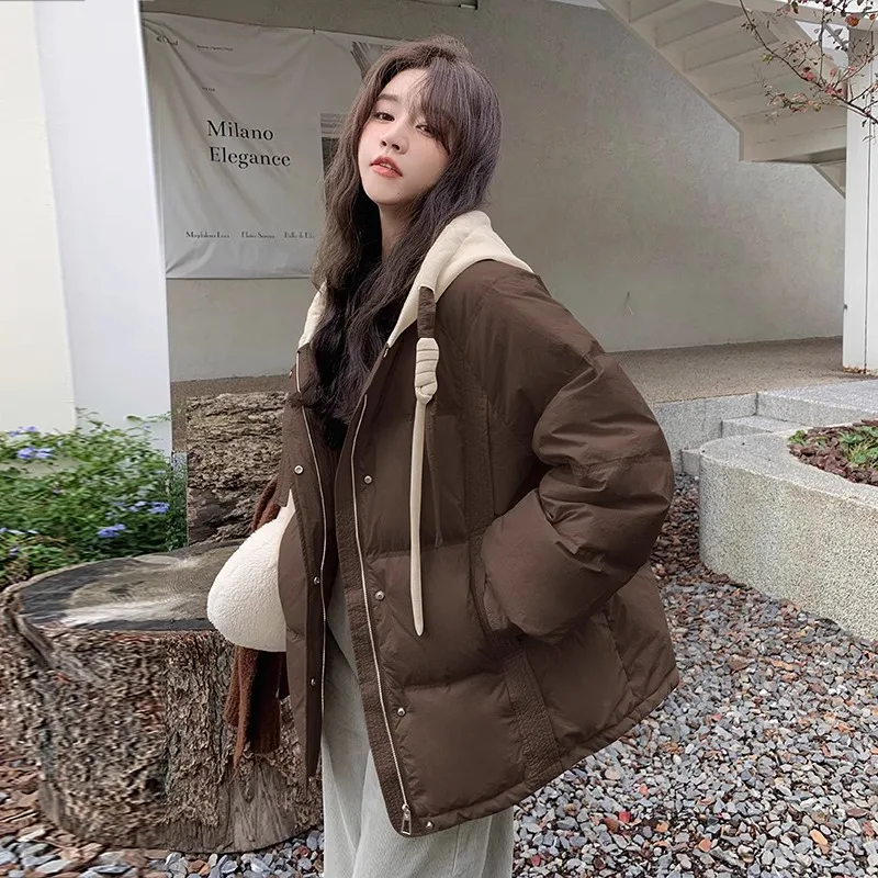 

Short Hooded Jacket for Women, Color Blocking Coats, Thickened White Duck Down Loose Overcoat Casual Tie Bread Clothing, Fashion