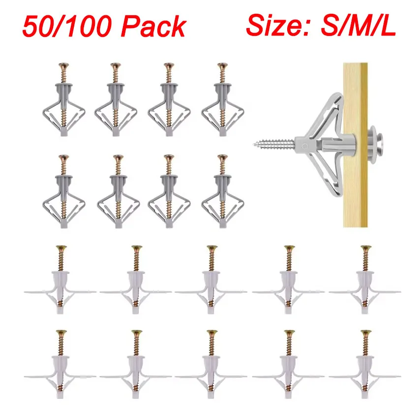 50/100 Sets Plastic Drywall Anchor Screw Kit for Thickened Double-Layer Gypsum Board Hollow Wall Anchor Butterfly Expansion Bolt