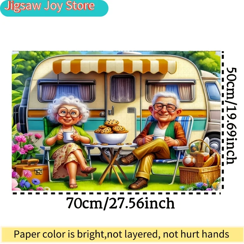 A Thousand-Piece Vintage Camping Puzzle Featuring Grandparents, Showcasing a Large Jigsaw Game with an RV And a Floral Table S