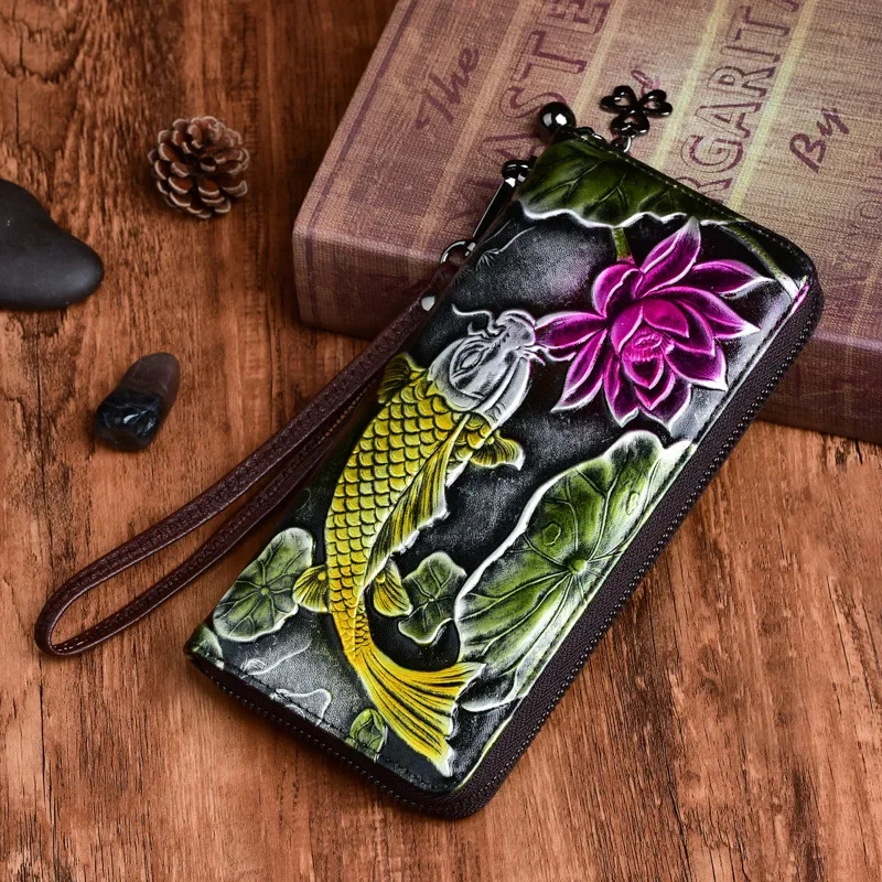 

New Genuine Embossed Leather Women Long Wallet Floral Fish Pattern Handy Bag Chinese Style Clutch Zipper Bag Female Wrist Purse