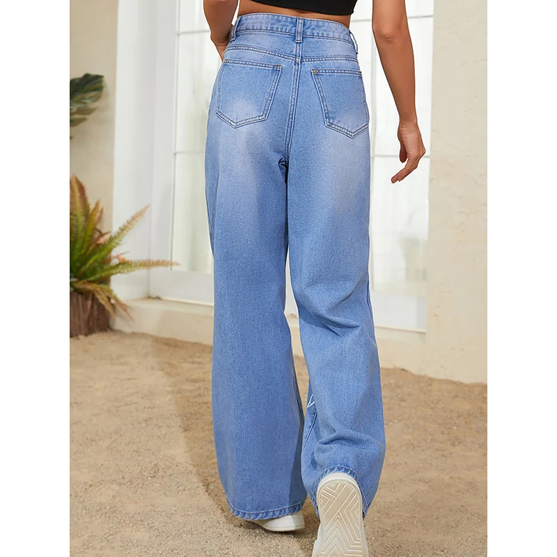 2024 frau Hohe Taille Harajuku Baggy Hosen Weibliche Gothic Breite Bein Jeans Mädchen Mode Punk Hellblau Streetwear Denim Hosen