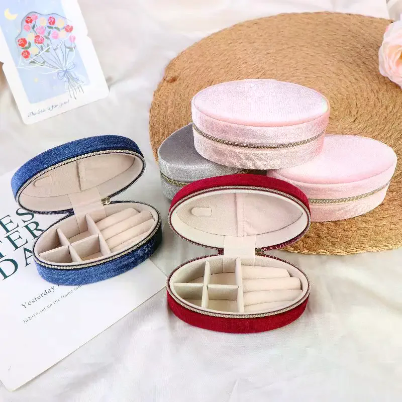 Retro Oval Jewelry Box Velvet Mini Portable Zipper Jewelry Box For Rings Earrings Bracelets Necklaces