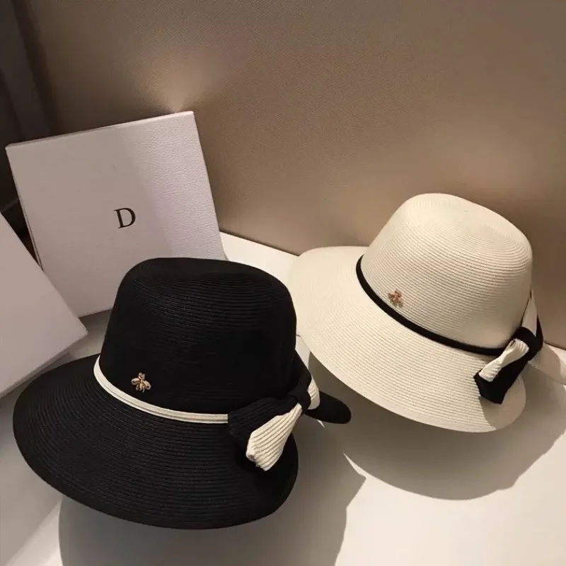 women-summer-fine-grass-straw-bucket-hat-celebrity-bee-pattern-wide-brim-bowknot-outdoor-sun-hat