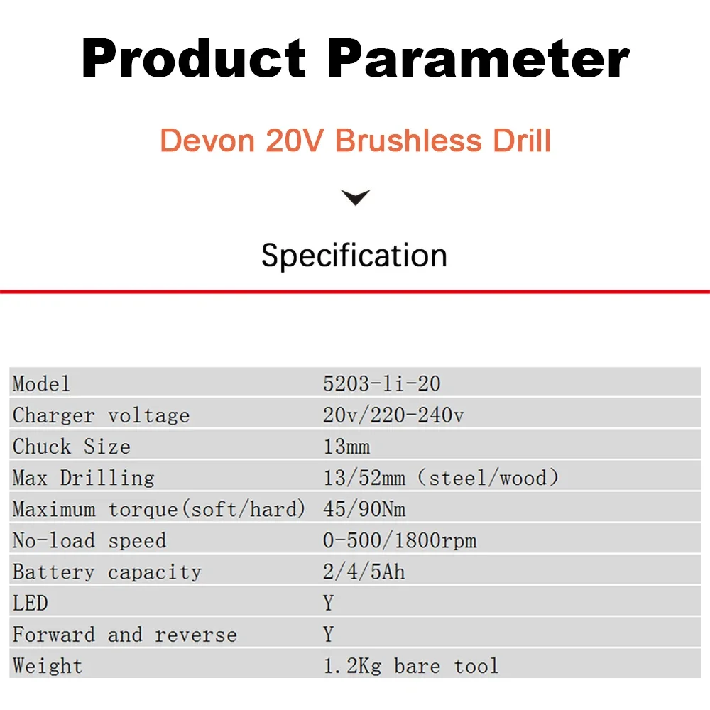 Devon Cordless Electric Drill Max 90Nm 1800rpm Dual Speed Brushless 5203 20v Torque Adjustable Universal Flex Battery Platform