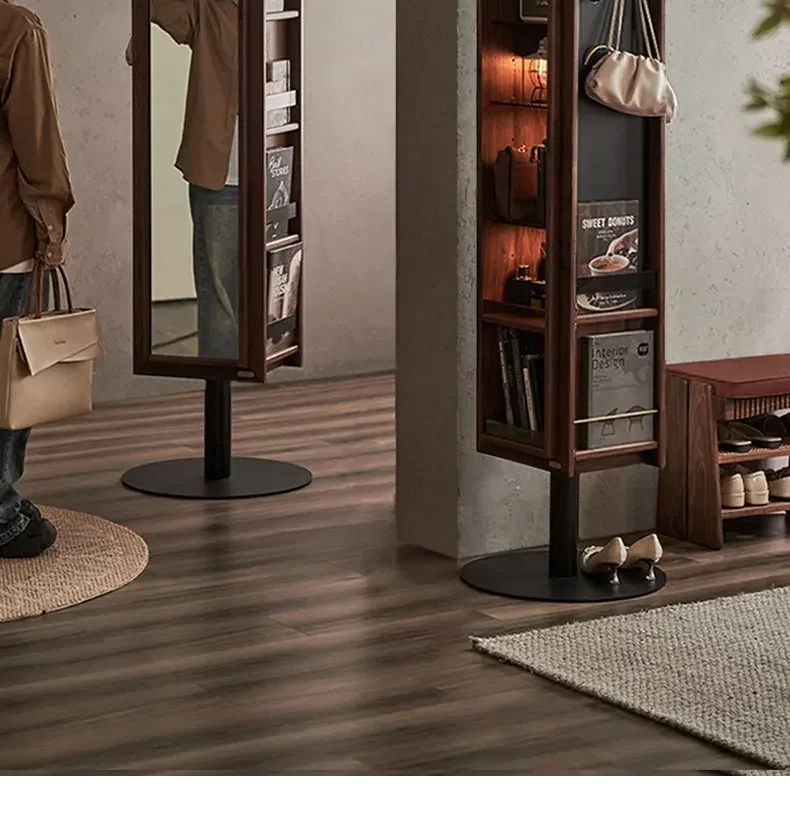 Solid wood rotating mirror cabinet bedroom household magazine rack floor-to-ceiling full-length mirror
