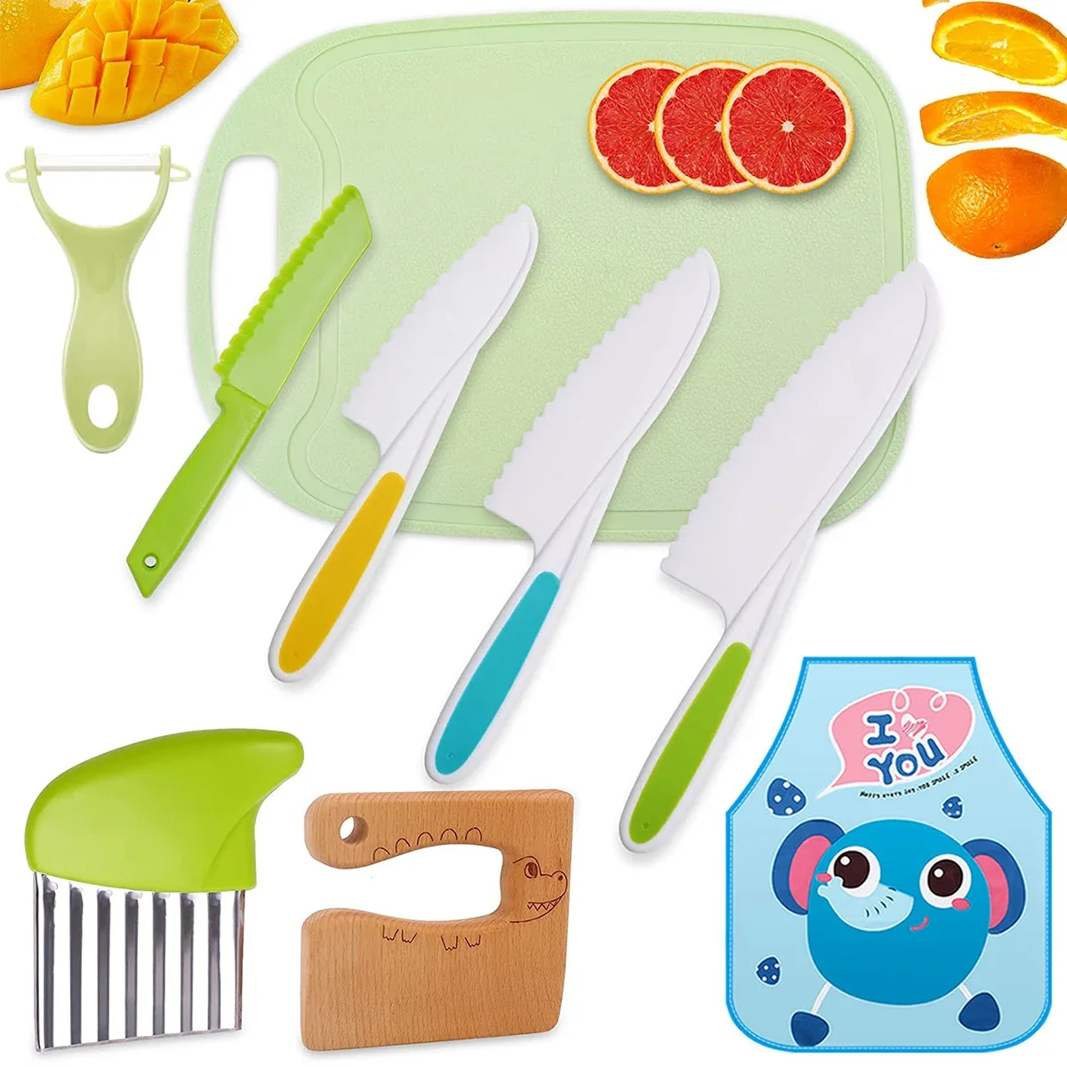 Kids Cooking Sets Real, Kitchen Tools for Toddlers with Plastic Knives Crinkle Cutter Cutting Board  Peeler Fruits