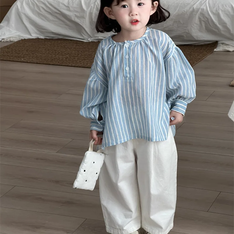 2025 Spring Girls Pants Autumn Children's Cotton Washed Straight Leg Pants for Boys Girls with Simple Button and Folded Pants