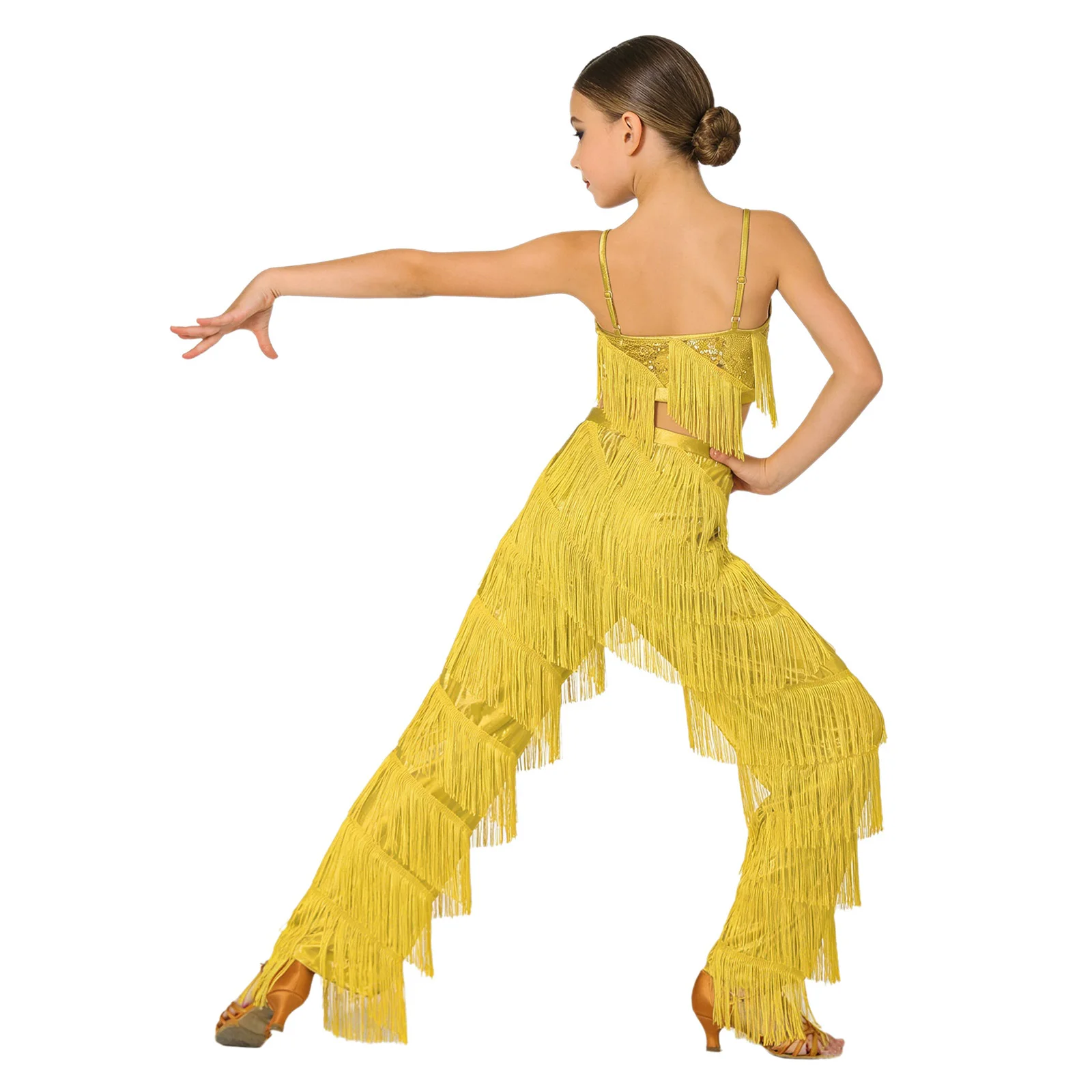 Latin Dance Dresses For Kids Girls 2-piece Ballroom Fringe Tassel Camisole Top with Pants Suit Metallic Salsa Samba Costume
