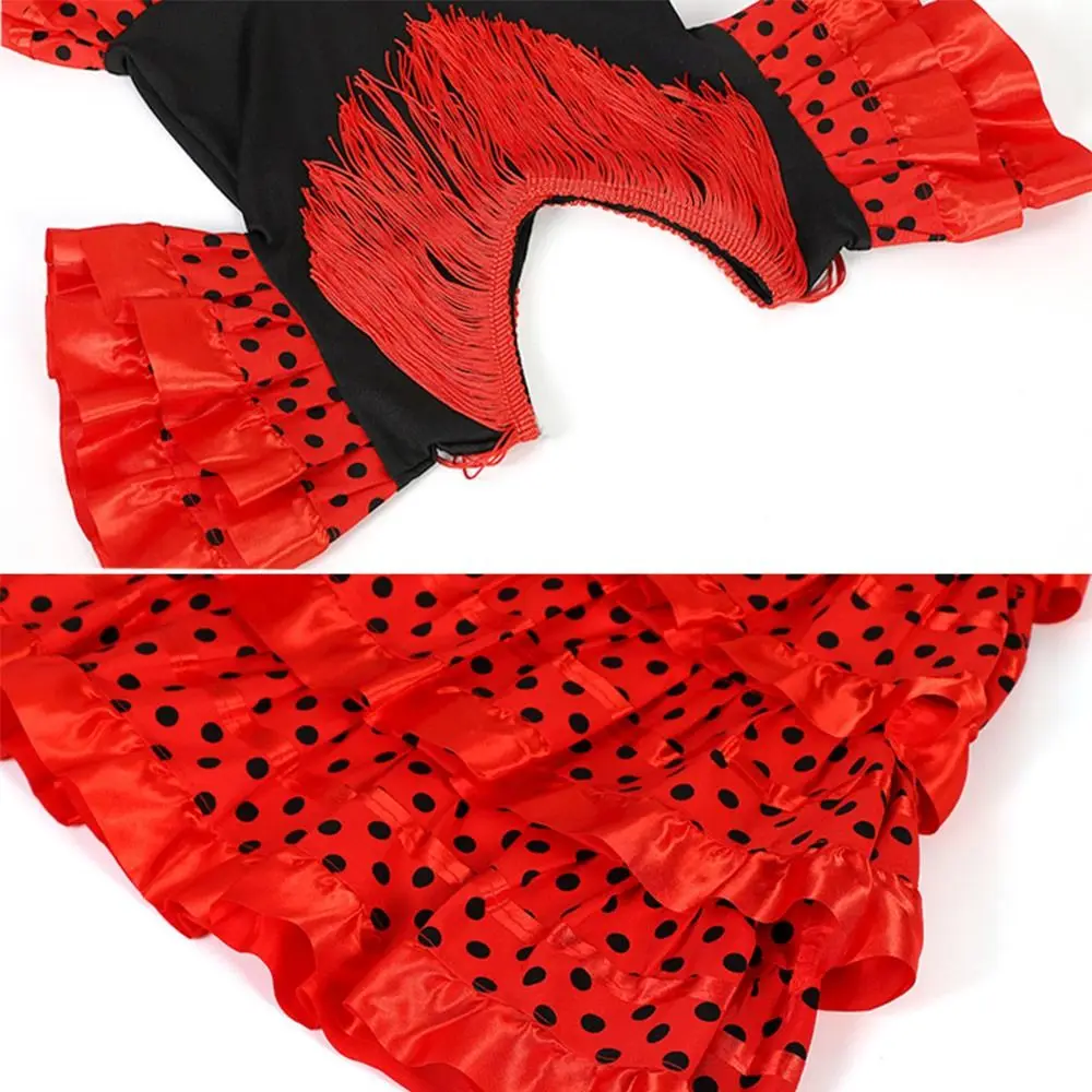 ファッションタッセルスペインダンスドレスドットデザイン半袖子供スカート伝統的なクラシックフェスティバルタッセルドレスコスプレ