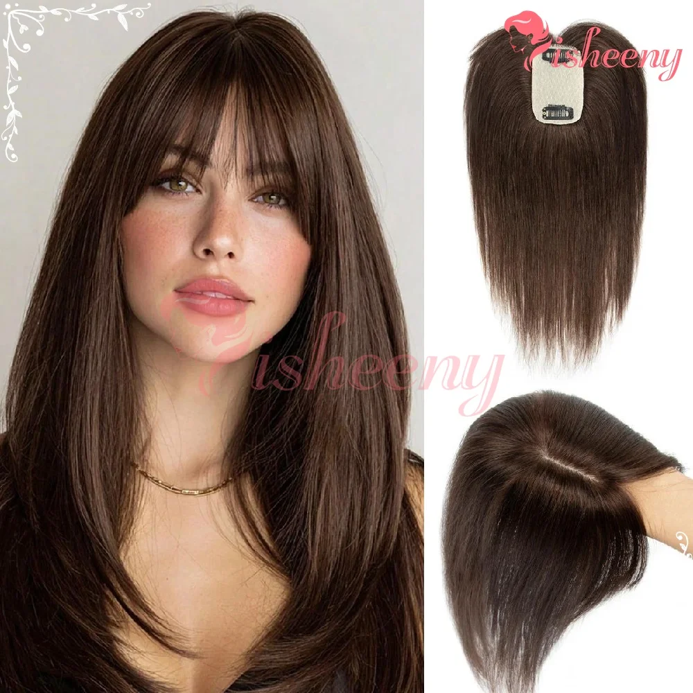 Isheeny Real Human Hair Topper Clip-In Air Bangs 5x9cm Breathable Mesh Base 20g 8-14 Inch Hair Piece for Women to Hide Bald Spot