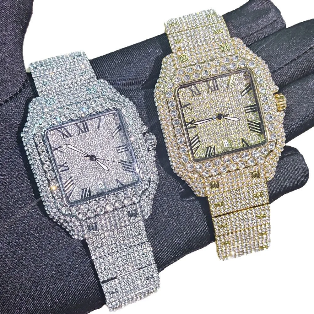 2025年新型高級ダイヤモンド腕時計-メンズファッション-アイスアウト-スクエア-カラフルナンバー腕時計-ヒップホップ-ブリンブリン-ジュエリー腕時計-パーティー用