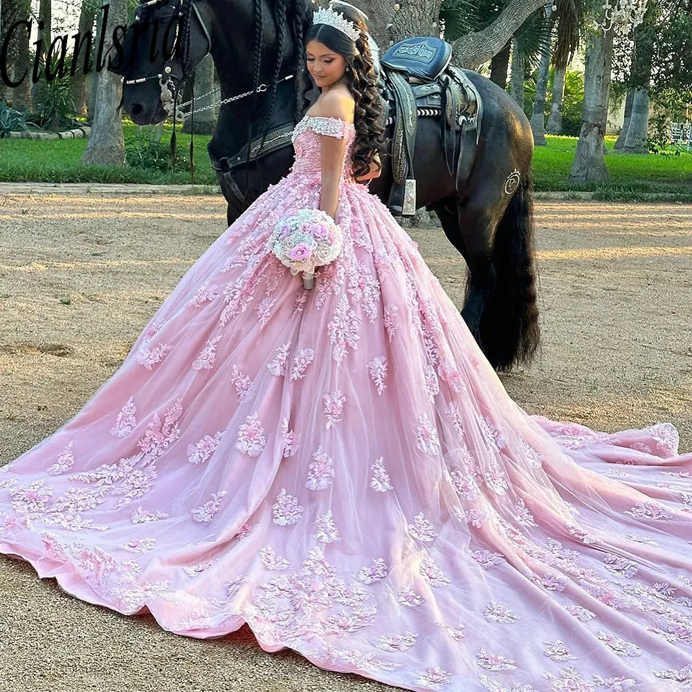 Vestido De baile De encaje con apliques rosas, quinceañera, corsé con cuentas y hombros descubiertos De cristal, 15 Años