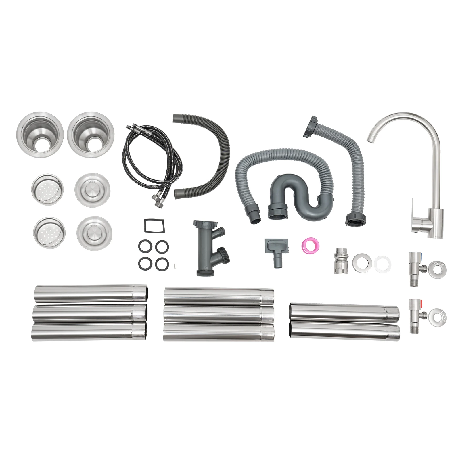 스테인리스 스틸 이중 싱크대(작업대 포함), 독립형 싱크대(배수구 포함, 수도꼭지 포함), 각 싱크대 크기 33*33*18cm, 실버