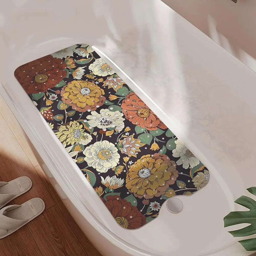 

Non Slip Bathtub Mat, Bohemian Flower Bath Mat for Tub, Extra Long Bathtub Mat Shower Mat with Suction Cups and Drain Holes f