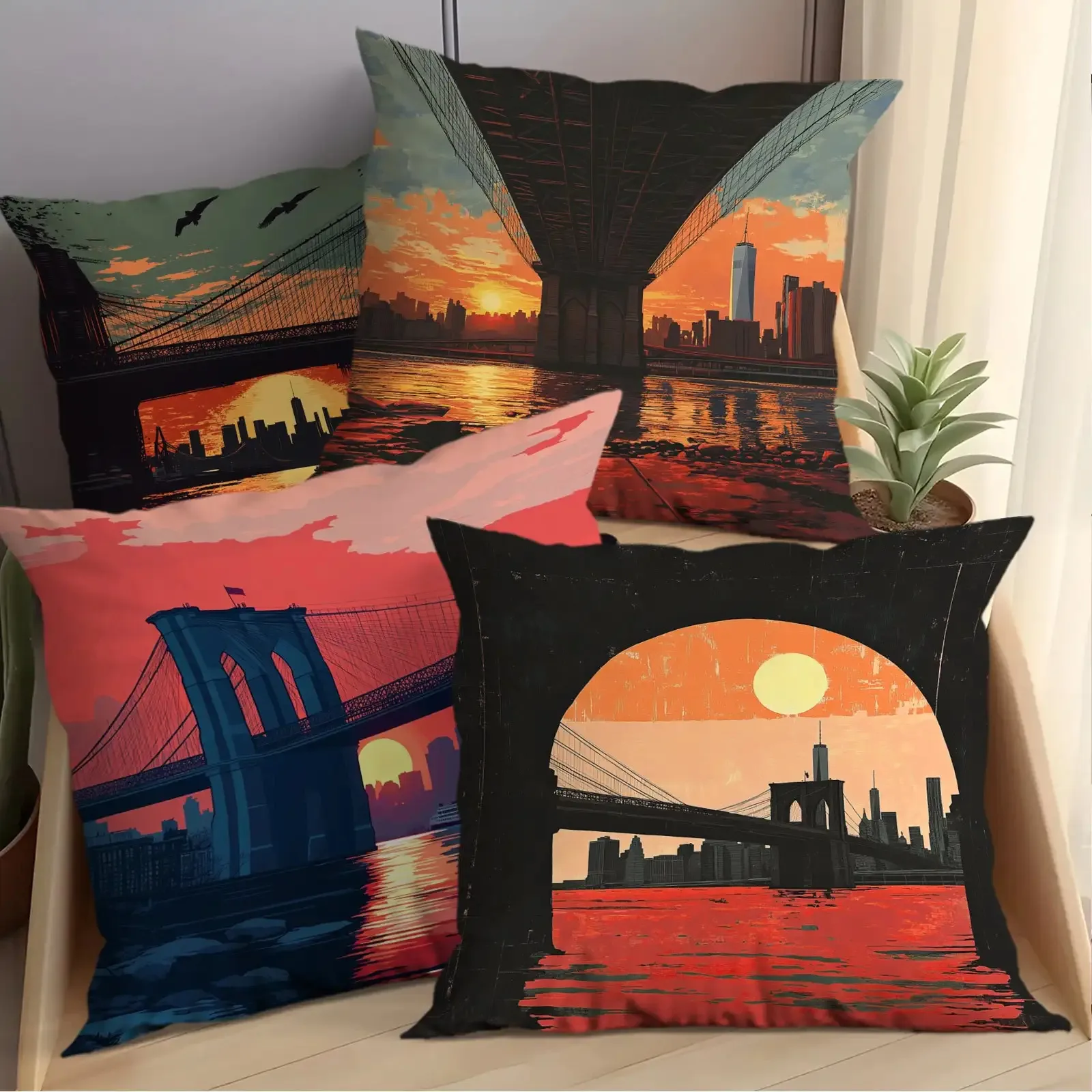 Bridge scenery illustration pattern digital printing pillow cover Short plush Suitable living bedrooms sofas throw cushion cover